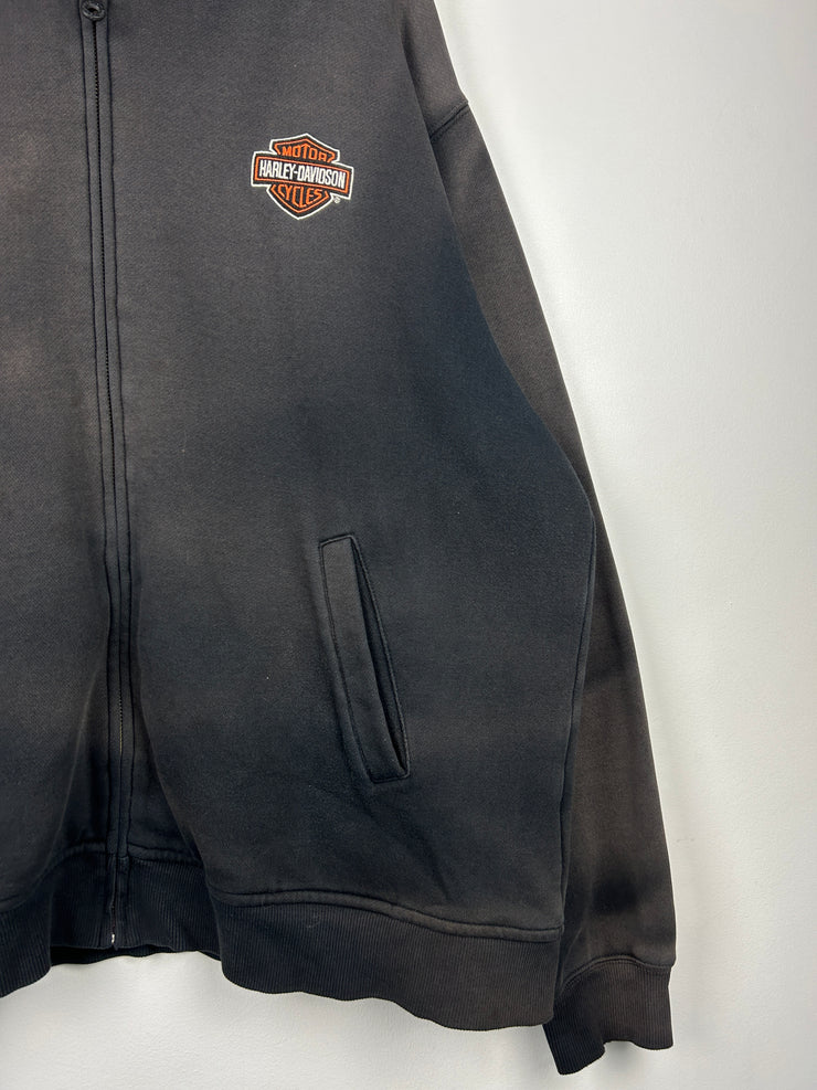 Vintage Harley Davidson Embroidered Faded Black Zip Up Hoodie
