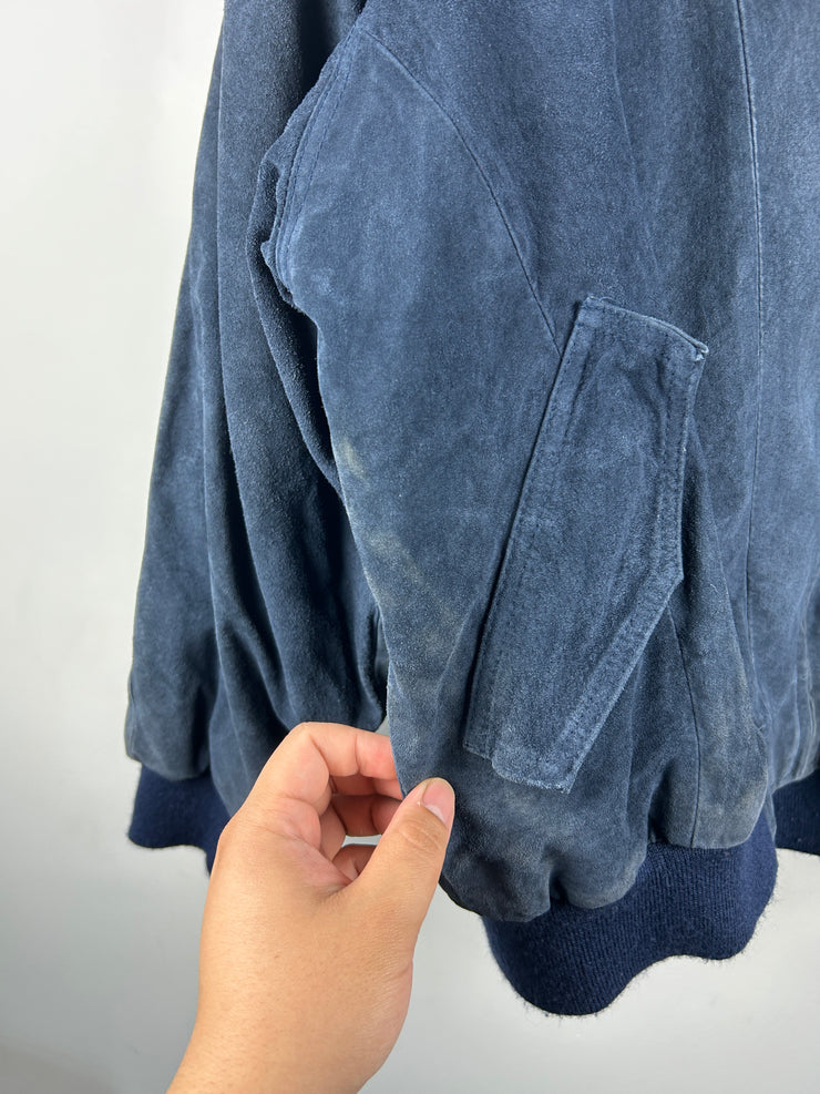 Vintage 90s Goldway Faded Blue Suede Leather Bomber Jacket