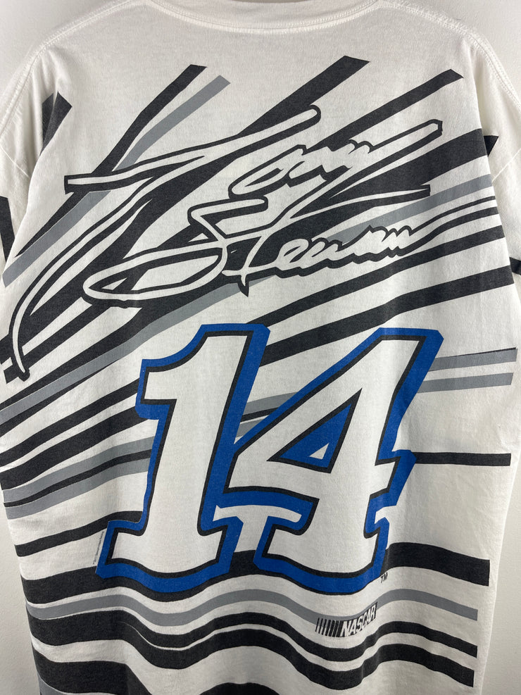 Vintage Nascar Tony Stewart Mobil 1 All Over Print White Tee