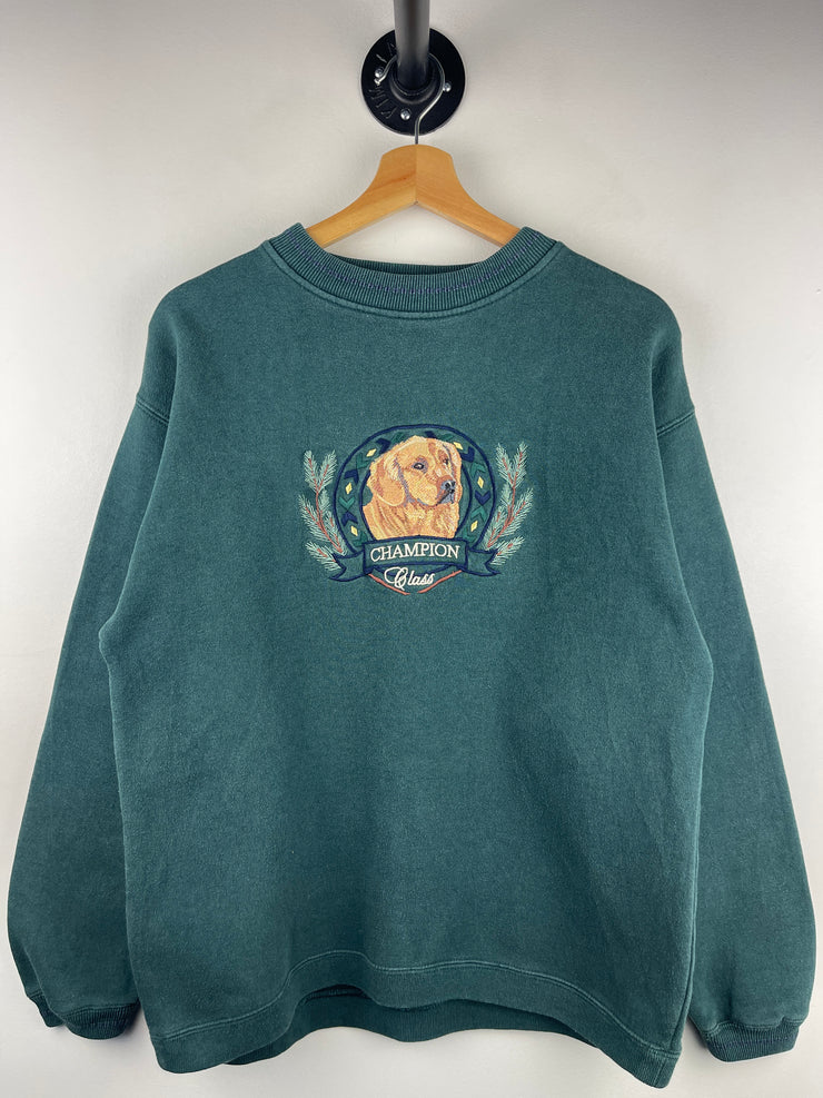 Vintage 90s Dog Golden Retriever Champion Class Embroidered Green Crewneck