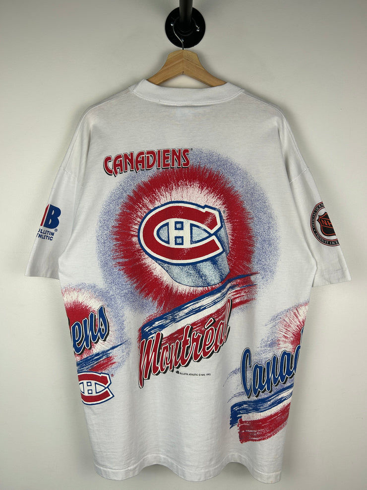 Vintage 90s NHL Bulletin Montreal Canadiens All Over Print White Tee