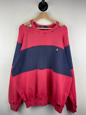 Vintage 90s Polo Ralph Lauren Striped Red & Navy Thrashed Crewneck