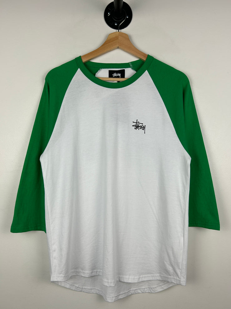 Stussy Script White & Green Raglan Baseball Tee