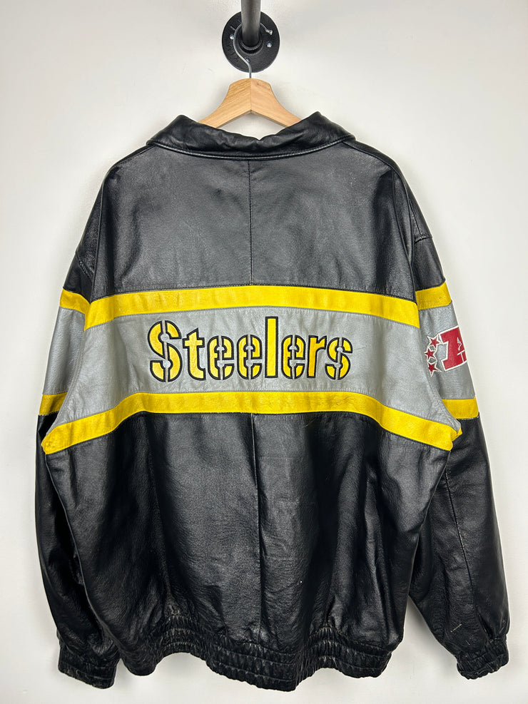 Vintage NFL Pittsburgh Steelers Black Leather Bomber Jacket