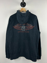 Vintage Harley Davidson Skull Flames Embroidered Black Zip Up Hoodie