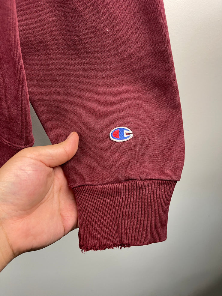 Vintage 90s Champion Spellout Embroidered Thrashed Burgundy Crewneck
