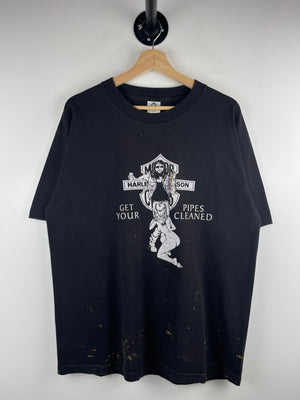 Vintage 90s Harley Davidson Get Your Pipes Cleaned Sturgis Black Hills Rally Parody Black Tee
