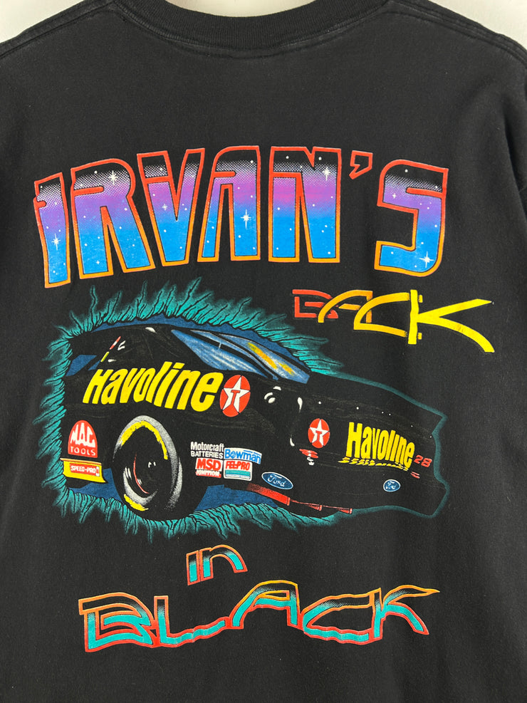 Vintage 90s Nascar Ernie Irvan Havoline Shattering The Barriers Black Tee