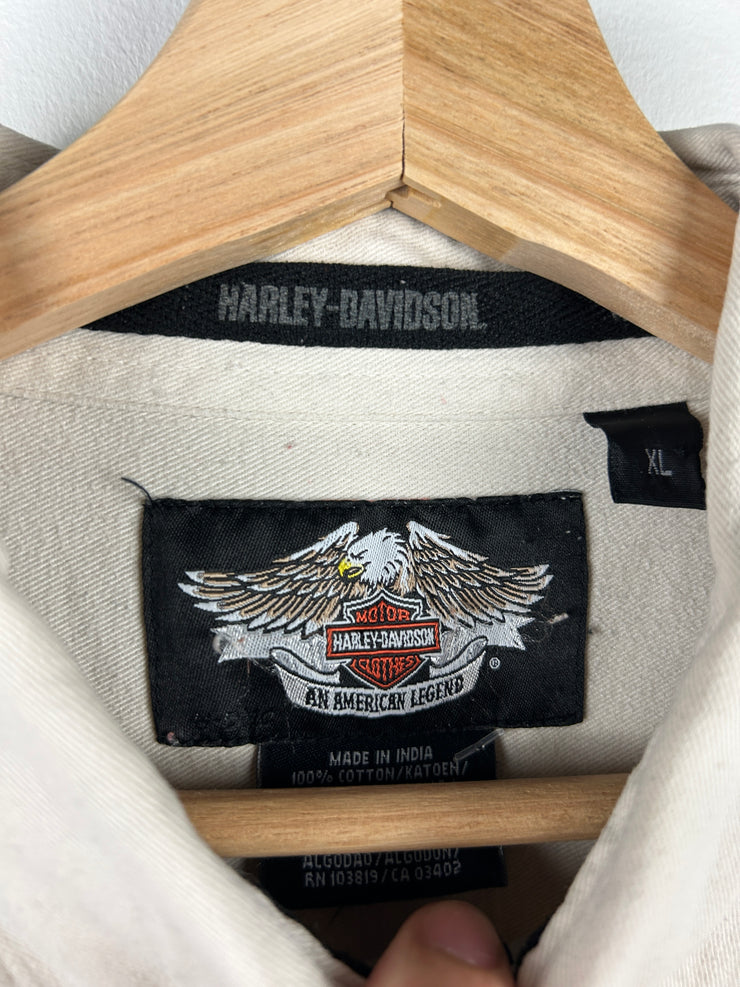 Vintage Harley Davidson Patch Cream Button Up Long Sleeve Shirt