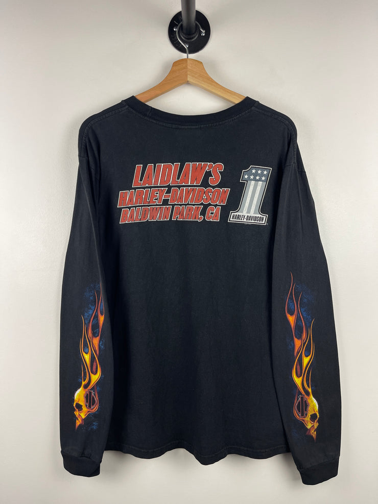 Vintage Harley Davidson Flames Skull California Black Long Sleeve