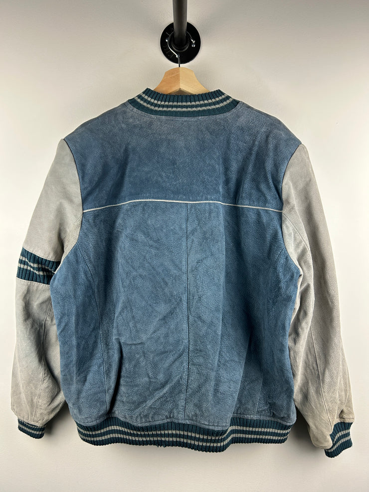 Vintage 90s Fingerhut Fashions Blue & Grey Leather Suede Bomber Jacket