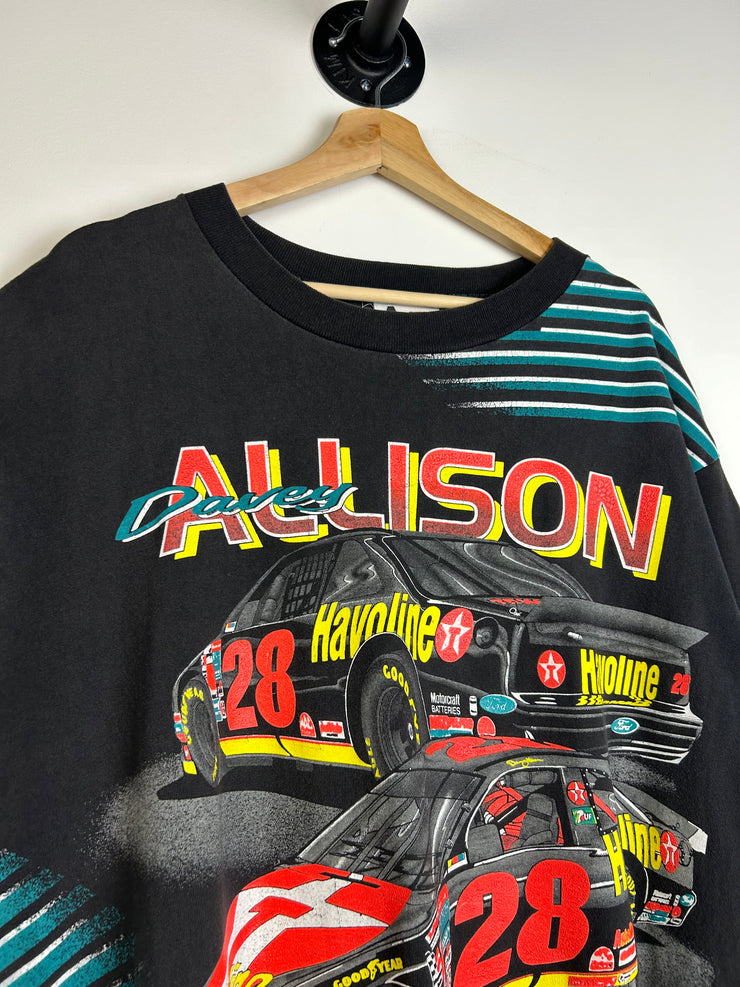 Vintage 1993 Nascar Davey Allison Havoline All Over Print Black Tee