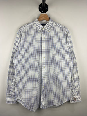 Vintage 90s Polo Ralph Lauren Golf Checkered White & Blue Button Up Long Sleeve Shirt