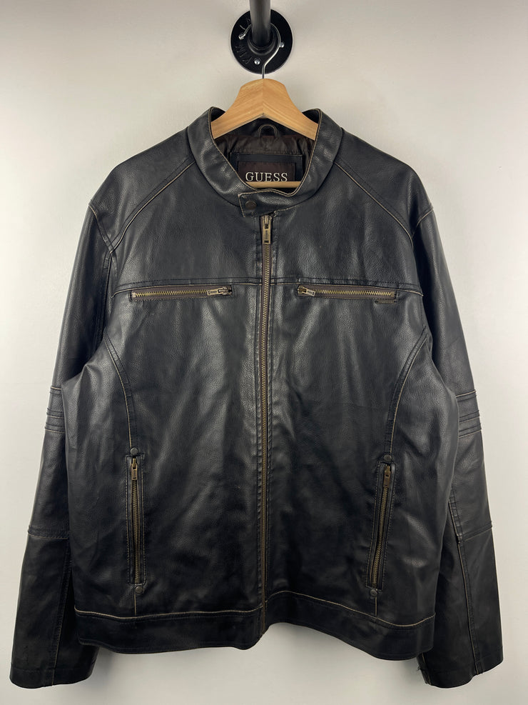 Vintage Guess Café Racer Moto Dark Brown Leather Jacket