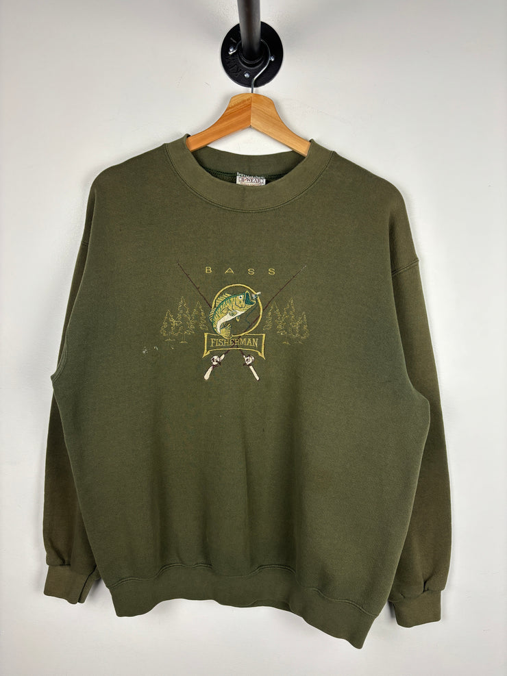 Vintage 90s Bass Fisherman Embroidered Olive Green Crewneck