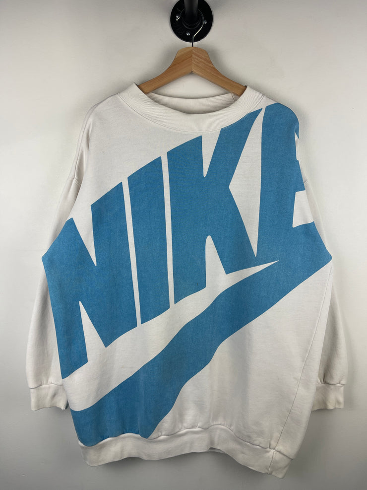 Vintage 90s Nike Swoosh Spellout Big Logo White Crewneck