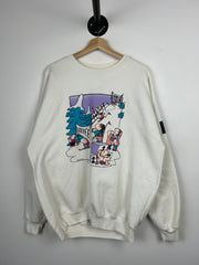 Vintage 90s Skiing Cartoon Art White Crewneck
