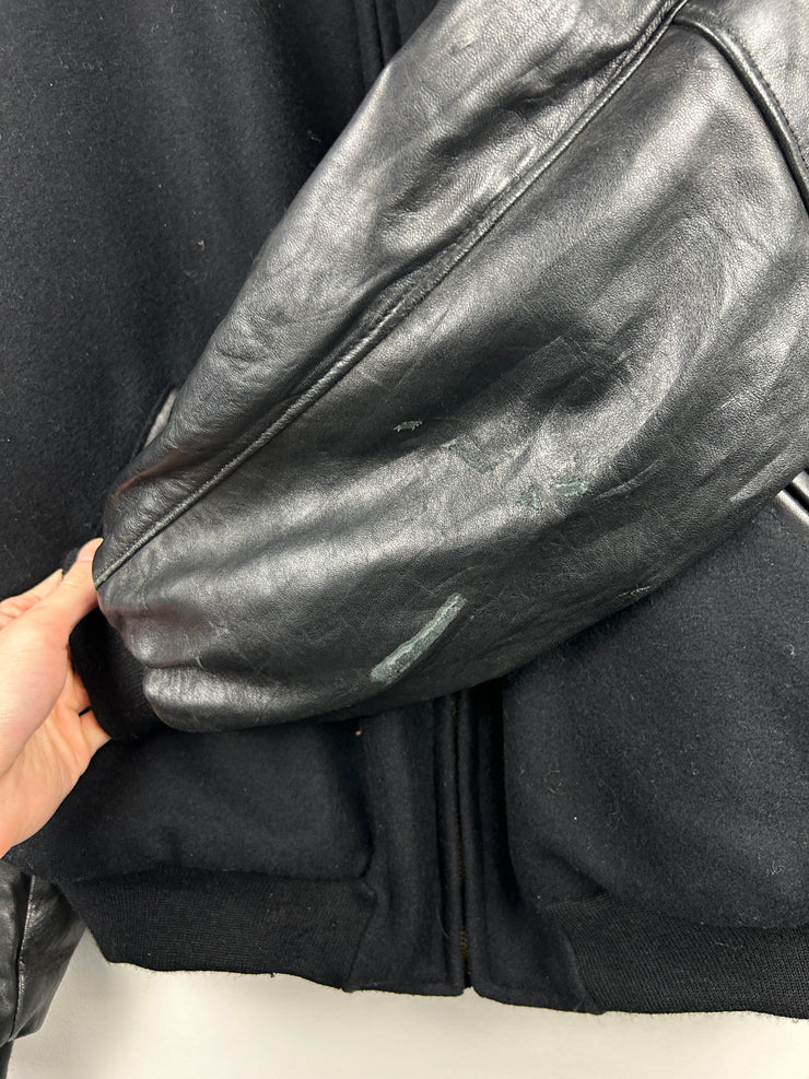 Vintage 90s Holloway Black Wool & Black Leather Varisty Jacket