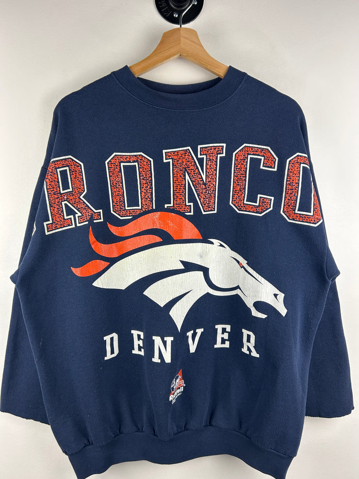 Vintage 90s NFL Riddell Denver Broncos Big Spellout Navy Crewneck