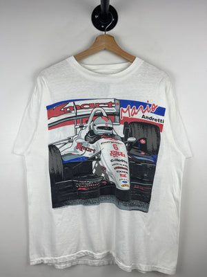 Vintage 90s Mario Andretti Indy 500 F1 Racing White Tee