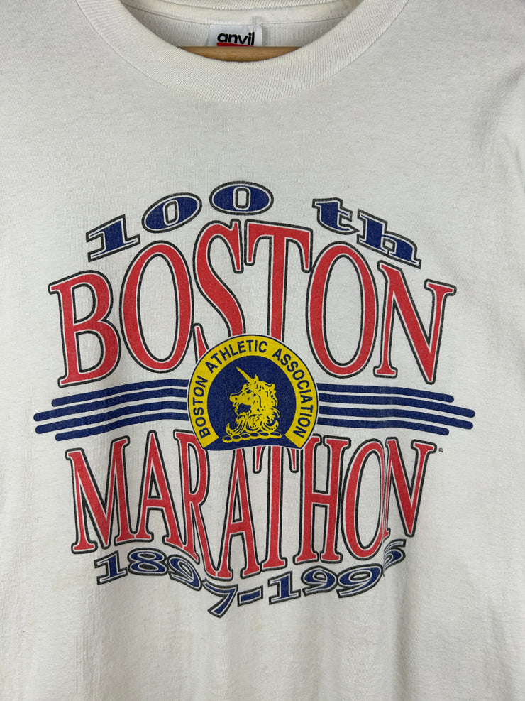 Vintage 90s Boston Marathon 100 Year Anniversary White Long Sleeve