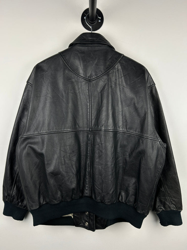 Vintage 90s Flight Club Black Leather Flight Bomber Jacket