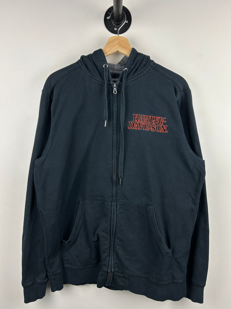 Vintage Harley Davidson Skull Flames Embroidered Black Zip Up Hoodie