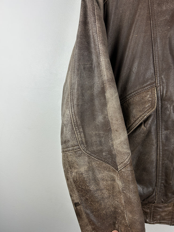 Vintage 90s Impressions Faded Brown Leather Bomber Jacket