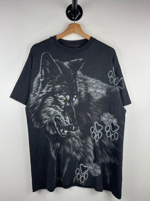 Vintage 90s Harley Davidson Wolf New York All Over Print Faded Black Tee