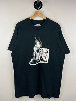 Vintage 90s Death Before Decaf Coffee Art Black Tee