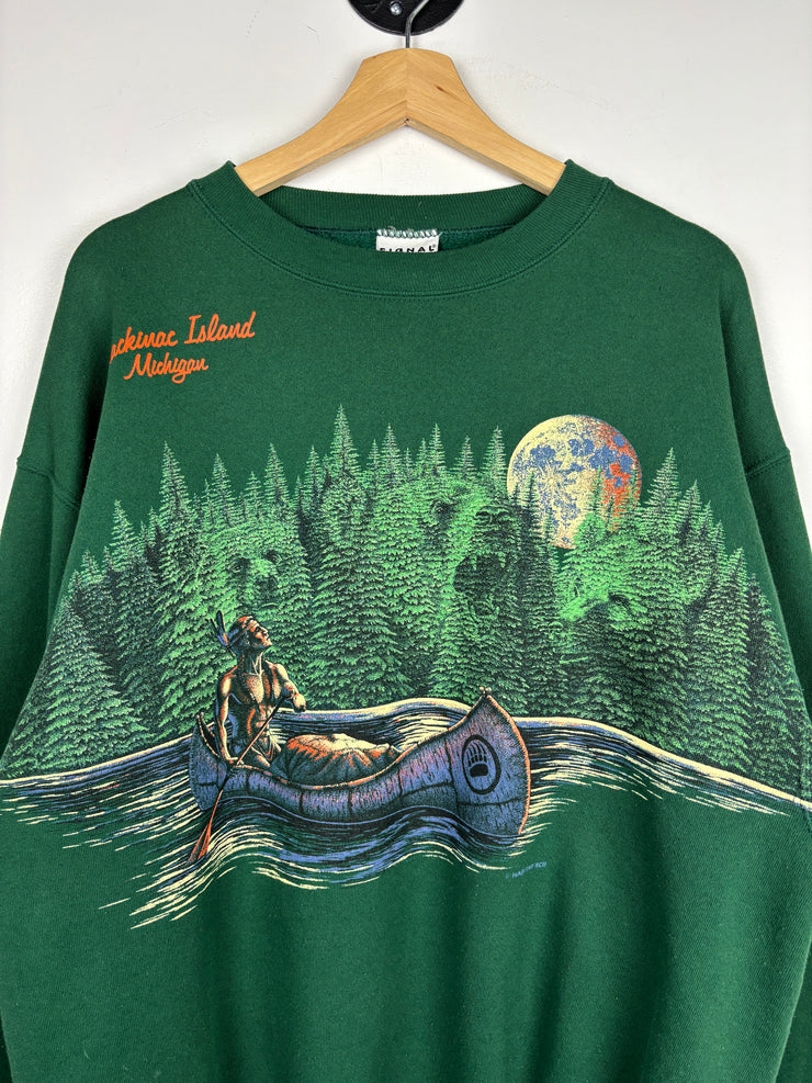 Vintage 90s Mackinac Island Michigan Wrap Around Nature Green Crewneck