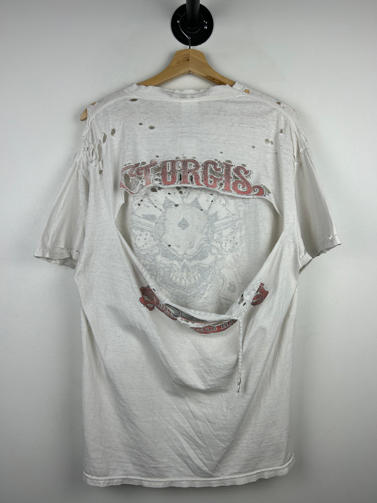 Vintage Sturgis Black Hills Rally Skull Thrashed White Tee
