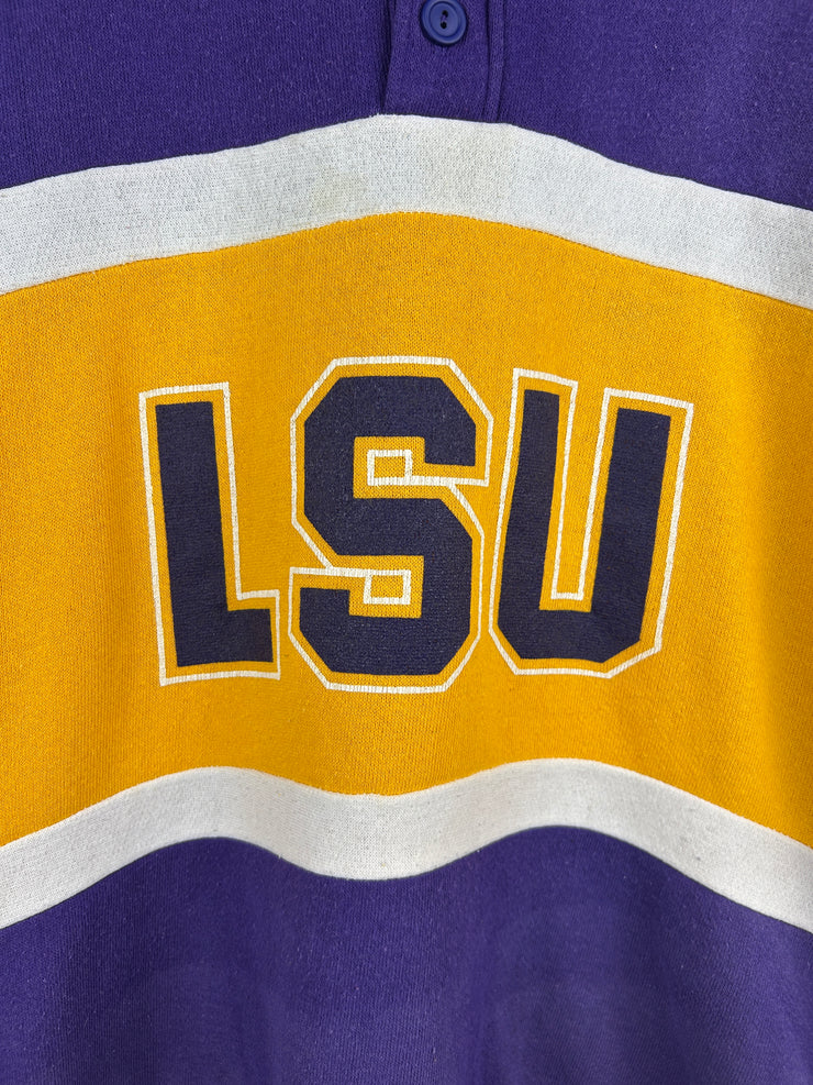 Vintage 80s Nutmeg LSU Purple & Yellow Collared Crewneck