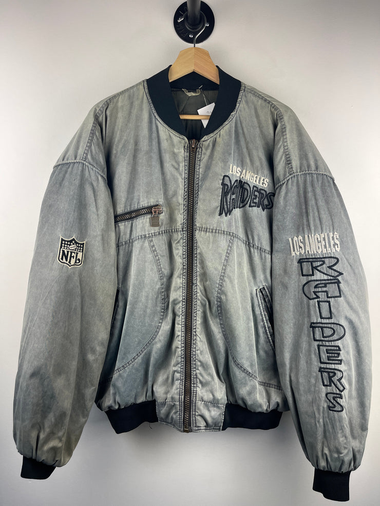 Vintage 90s NFL Los Angeles Raiders Embroidered Faded Silver Nylon Bomber Jacket