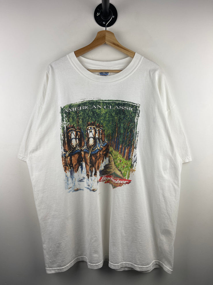 Vintage 90s Budweiser Beer Clydesdales Horses White Tee