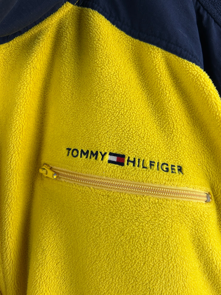 Vintage 90s Tommy Hilfiger Embroidered Yellow & Navy Zip Up Fleece Sweater