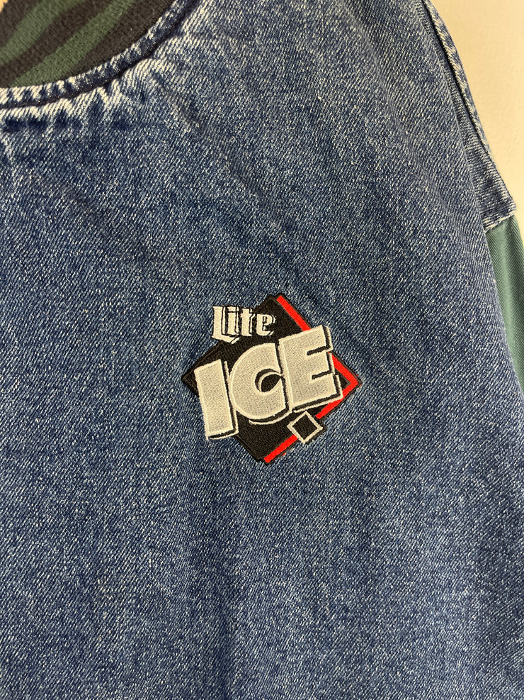 Vintage 90s Swingster Miller Lite Ice Blue Denim Varsity Jacket