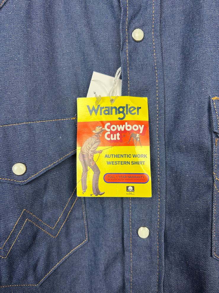Vintage 90s Wrangler Western Pearl Snap Denim Blue Button Shirt