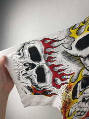Vintage 90s Jarvis Ace Flaming Skull All Over Print White Tee