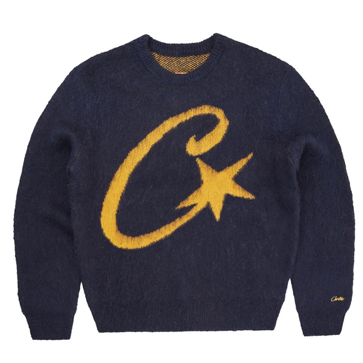 Corteiz C Star Navy Mohair Knit Sweater