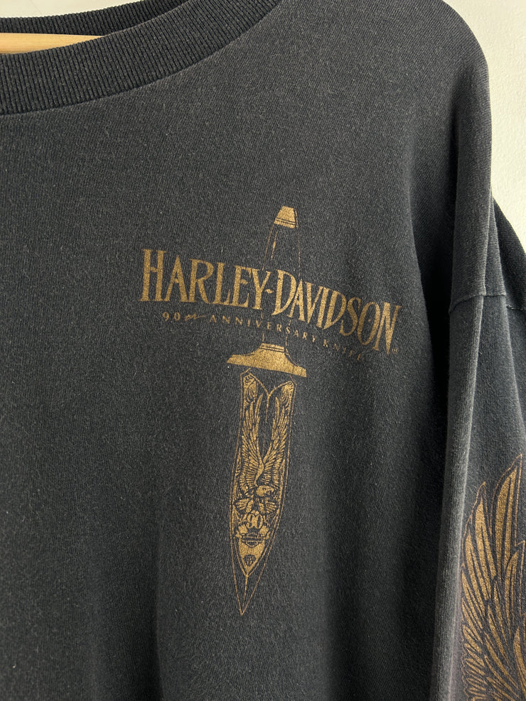 Vintage 90s Harley Davidson Dagger Knife Eagle Ohio Black Long Sleeve