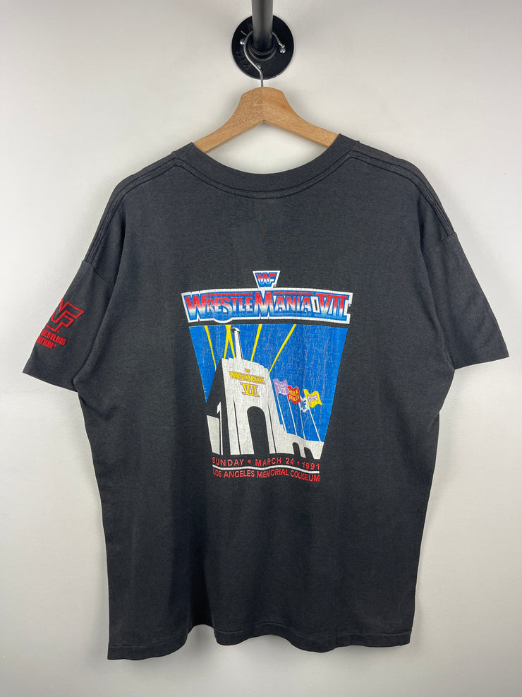 Vintage 90s WWF Hulk Hogan Wrestle Mania VII 7 Superstars And Stripes Black Tee