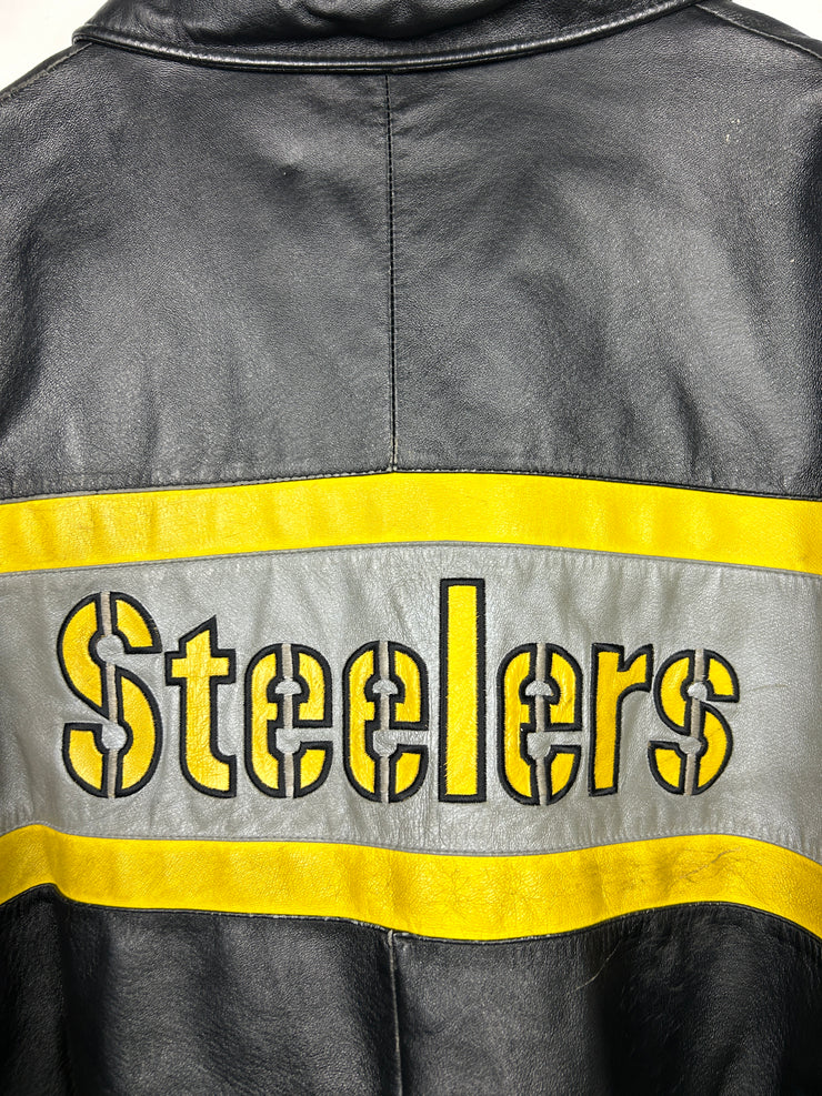 Vintage NFL Pittsburgh Steelers Black Leather Bomber Jacket