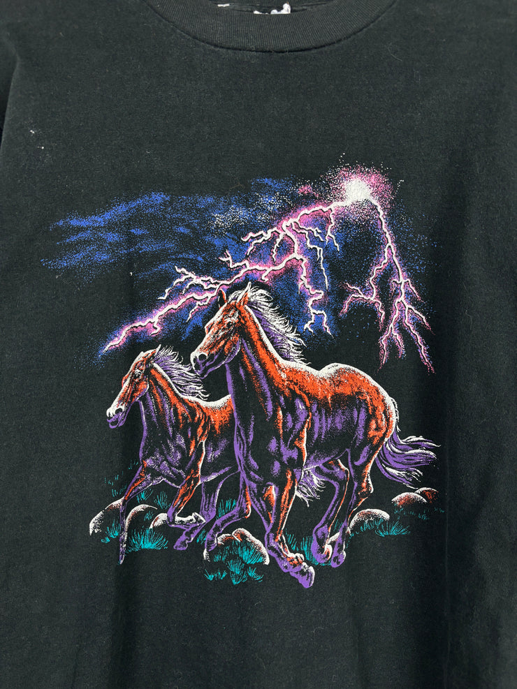 Vintage 90s Horse Lightning Nature Black Tee