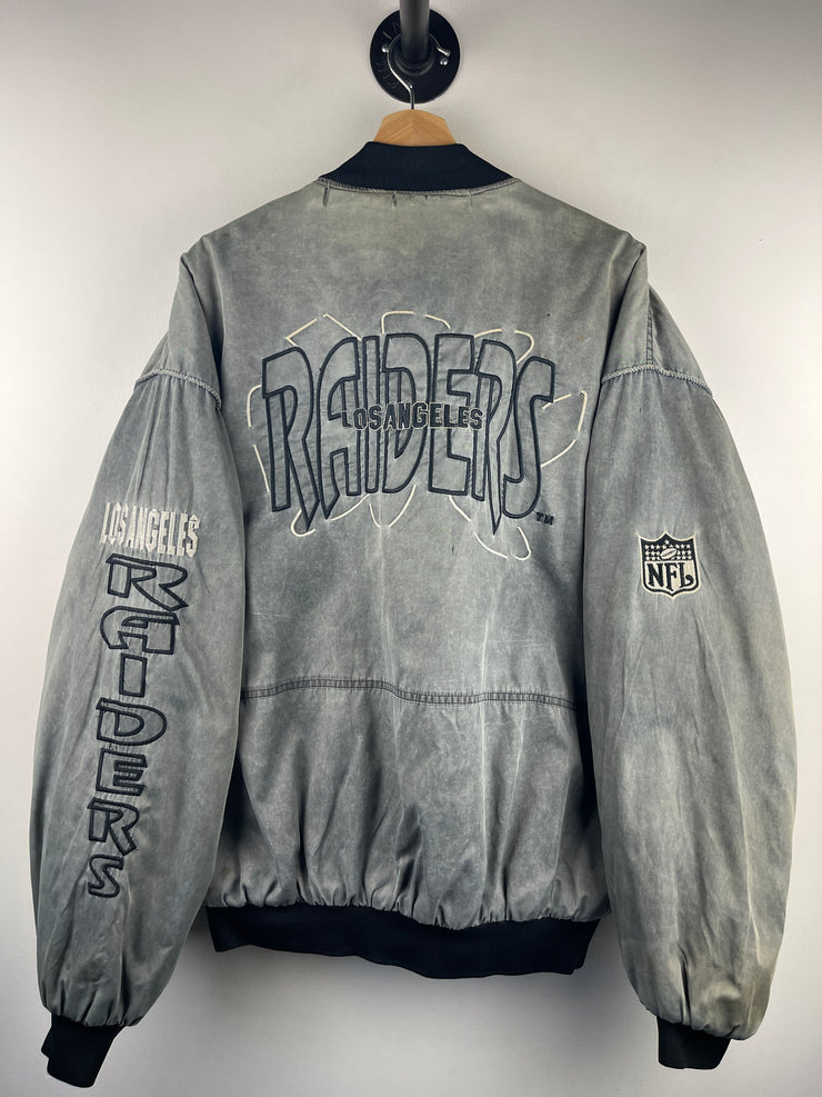 Vintage 90s NFL Los Angeles Raiders Embroidered Faded Silver Nylon Bomber Jacket