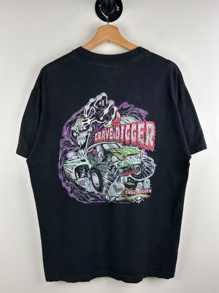 Vintage 2001 Grave Digger Monster Truck Skull Grim Reaper Black Tee