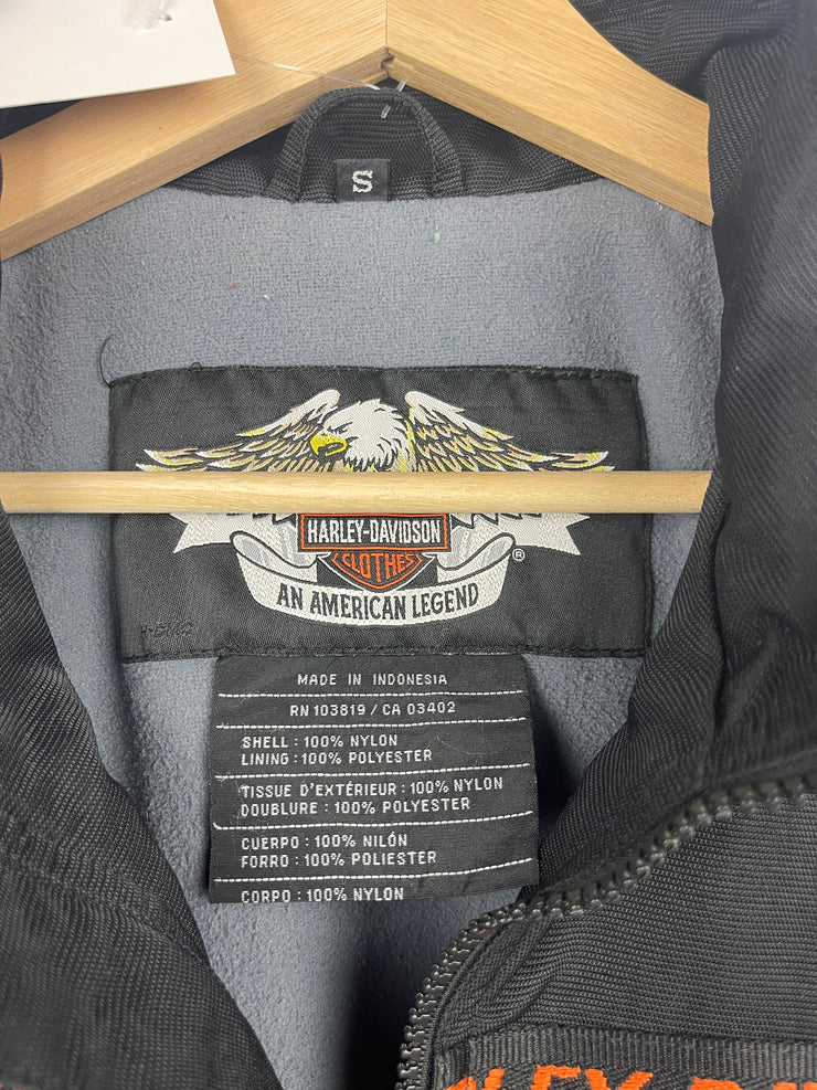 Vintage Harley Davidson Spellout Tape Seam Fleece Lined Black Bomber Jacket