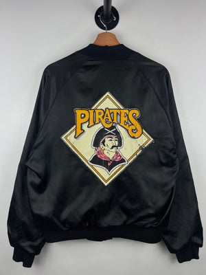Vintage 80s MLB Chalk Line Pittsburgh Pirates Black Satin Bomber Jacket