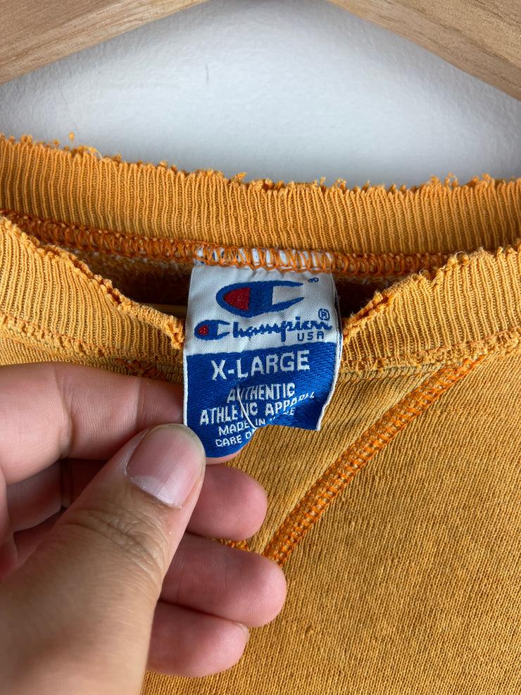 Vintage 90s Champion Embroidered Spellout Thrashed Mustard Yellow Crewneck