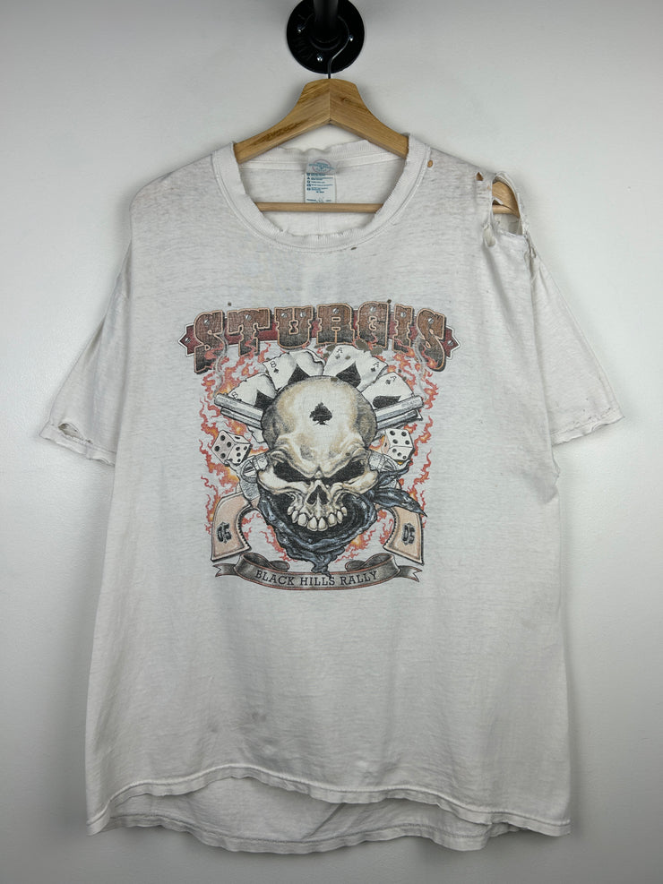 Vintage Sturgis Black Hills Rally Skull Thrashed White Tee